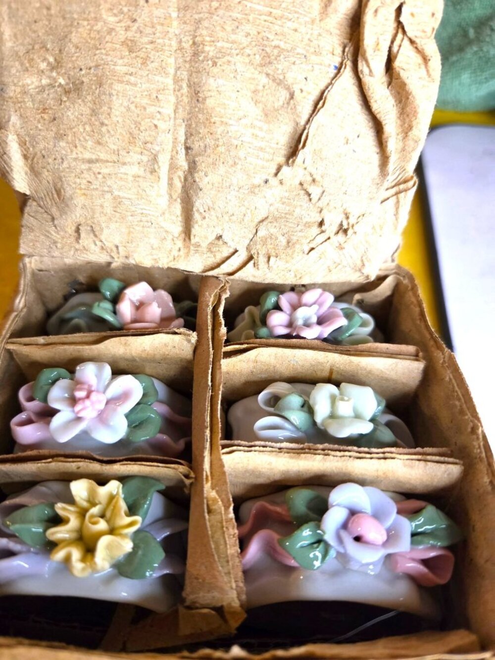 Vintage Porcelain Napkin Rings With Pastel Flowers - Set Of 6 - New Old Stock